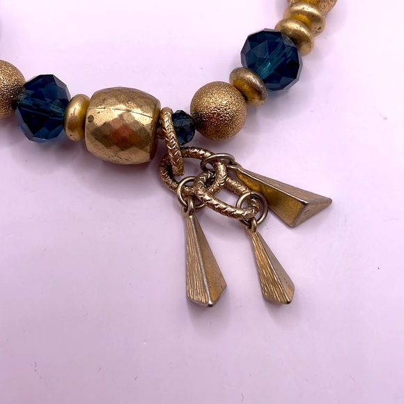 Vintage Blue Gold Tone Beaded Dangle Statement Bracelet - Picture 2 of 2